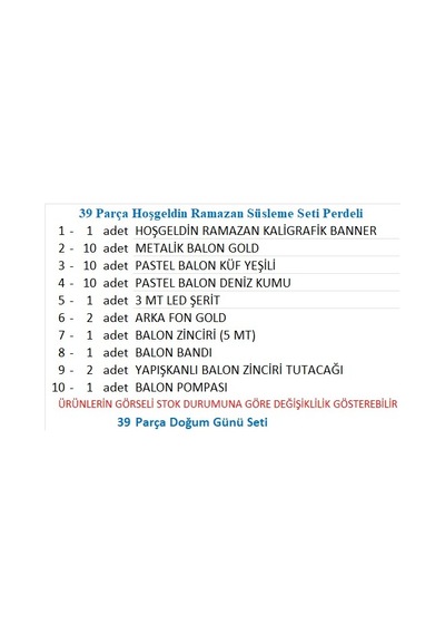 39 Parça Hoşgeldin Ramazan Süsleme Seti Perdeli Tüm Yaşlar