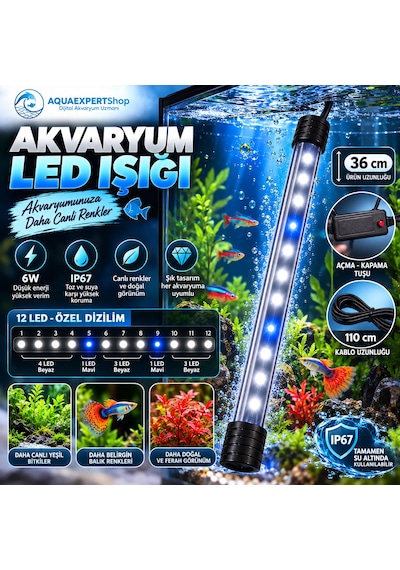 Akvaryum Işığı - Balık Işığı - 36 Cm - 12 Led - Mavi Beyaz - Açma Kapatma Tuşlu - 6w - Güçlü Işık