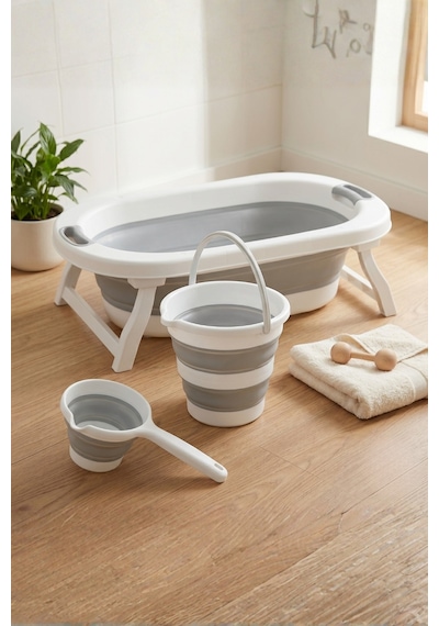Katlanır Bebek Yıkama Seti 30 Lt Küvet 12 Lt Kova 1 Lt Maşrapa Taşınabilir Bebek Banyo Küveti