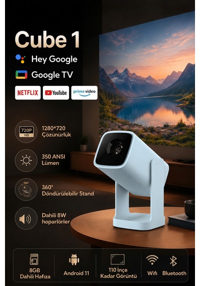 Wanbo Cube1 Projeksiyon Cihazı-dahili Android Tv 11.0 Widevine L1 Sertifikalı & 8w Hoparlör - Açık Mavi