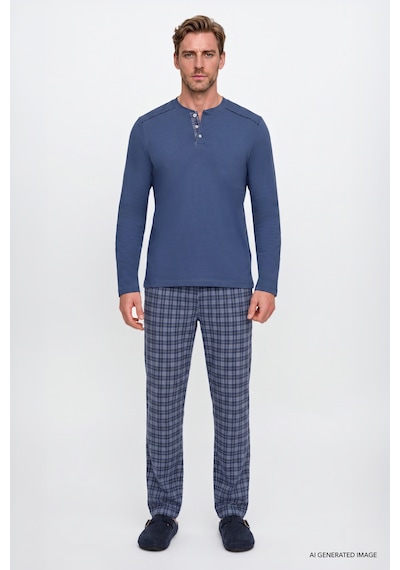 AC&Co / Altınyıldız Classics Erkek Indıgo %100 Pamuk Standart Fit Hakim Yaka Desenli Cepli Pijama Takımı İndigo