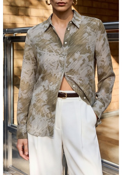 Sateen Çizgili Çiçek Desenli Gömlek - Bej-137839