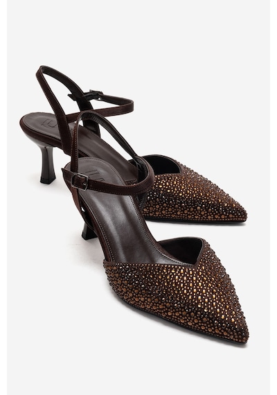 Luvishoes Vilka Kahverengi Saten Taşlı Kadın Sivri Burun İnce Topuklu Abiye Ayakkabı