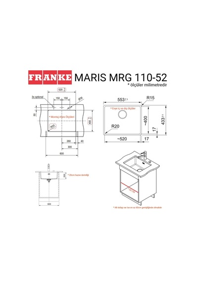 Franke Mrg 110-52 Granit Evye, Sahara, Tezgah Altı, Tek Hazne, 52x40 Cm Krem