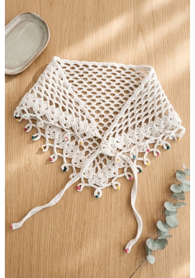 %100 El Örgüsü Boncuklu Bohem Kadın Bandana Saç Aksesuarı Krem