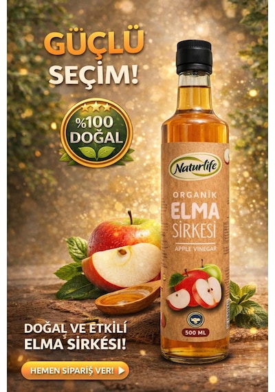 %100 Organik Elma Sirkesi 500 Ml - Doğal Fermente, Filtresiz, Sirke Anası İçeren Cam Şişe