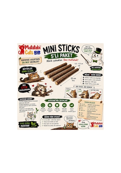 Mini Sticks 5 Li Doğal İnce Matatabi Çubuğu Kedi Oyuncağı İnce Çiğneme Çubuğu Kedi Diş Bakımı 12 Cm