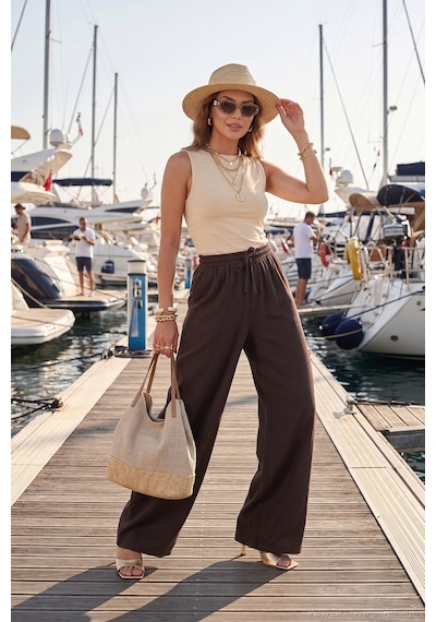 Lela Pamuklu Relaxed Fit Yüksek Bel Geniş Paça Pantolon Bayan Pantolon 668yp5559 Kahve