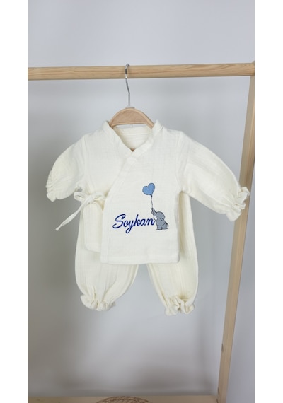 Gros Shop Müslin Yeni Doğan 4katlı Organik %100pamuk Kişiye Özgü Nakışlı Hastane Çıkış Seti Filli Model-2 Ekru