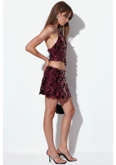 Hiccup Busem Pullu Halter Crop Üst Bordo - Kırmızı