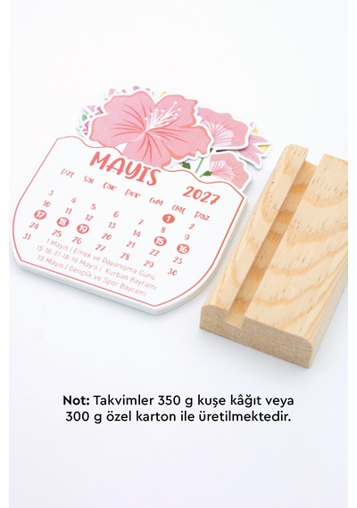 Ahşap Standlı Özel Kesim Botanik Çiçekli 2027 Masaüstü Takvimi 8,5x11 Cm - Zarif Yılbaşı Hediyesi Çok Renkli