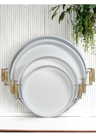 Metal 4 Lü 51 37 45 30 Cm Beyaz Ahşap Kulplu Yuvarlak Tepsi Seti, Kahvaltı Tepsisi 4lüset Beyaz