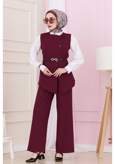 Sevitli Dora Pantolonlu Yelekli Takım-bordo-4895 Bordo