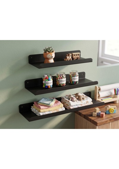 Orret Home 3'lü Metal Duvar Rafı Yapışkanlı Raf Seti Banyo Rafı Mutfak Rafı Dekoratif Duvar Rafı Siyah Minimal R Diğer