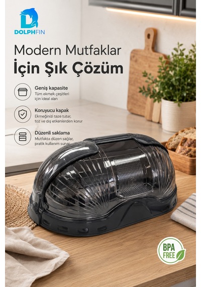 Kapaklı Ekmek Dolabı Plastik Ekmeklik Mutfak Tezgah Üstü Ekmek Saklama Kabı - Siyah