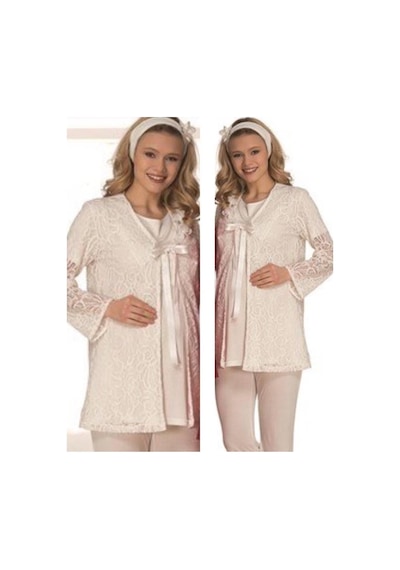 Mecit Pijama Mecit 1806 Hamile Lohusa Dantel Sabahlıklı Pijama Sabahlık Takım-S