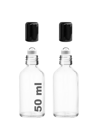 Çelik Roll On Şişesi 50 ML Sızdırmaz Siyah Kapaklı Şeffaf Cam Şişe 2 Adet