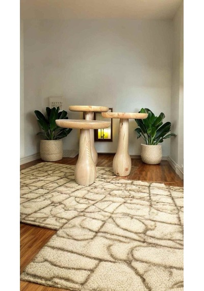 Ahşap Mantar Sehpa 3 Lü Set Naturel Renk Masif Doğal Zigon Ve Fiskos Takımı - Wooden Side Table Naturel