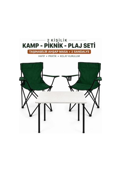 2 Sandalyeli Katlanır Kamp Masa Sandalye Seti 60x45 Cm 3 Parça Beyaz - Yeşil