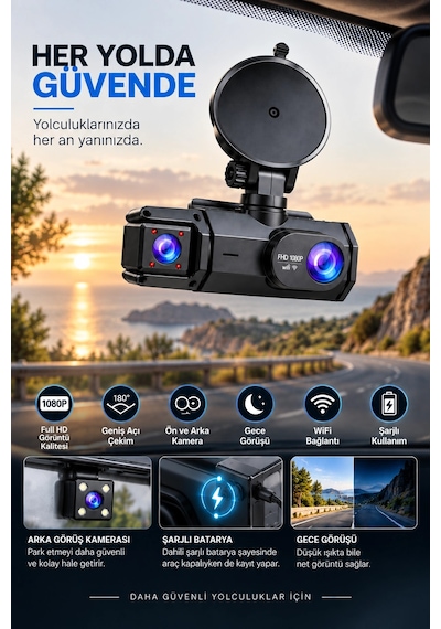 Ön Arka Kamera 1080p Full Hd Wifi 180 Geniş Açı Şarjlı