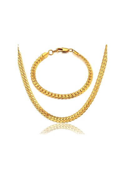 Gold Ezme Yassı Yılan Çelik Unisex Kolye Ve Bileklik Seti Eck37S