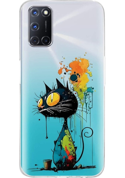 Oppo A92 İle Uyumlu Splash Kedi Tasarımlı Şeffaf Silikon Kılıf Şeffaf