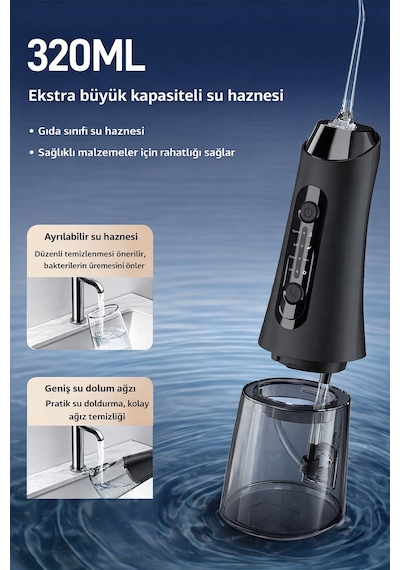 Exenar - Siyah - Şarjlı Ağız Duşu Diş Bakım Cihazı 4 Modlu Diş Arası Temizleyici 320ml 5 Başlıklı 1500 Mah Kablosuz