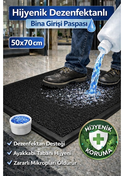 Myfloor Renkli Dezenfektan 50x70 Cm Kıvırcık Paspaslı Hijyenik Kauçuk Paspas Siyah