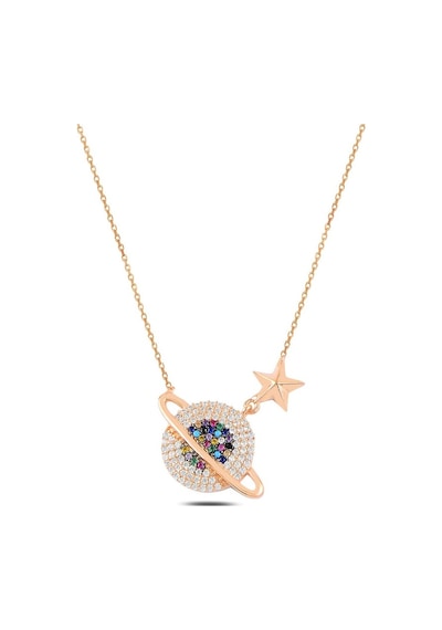 Mix Taşlı Rose Yıldızlı Satürn Model 2 Gümüş Kadın Kolye Gklstrnm (484545870)