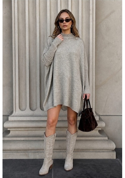 Onno Style Women Düz Triko Standart Panço Açık Gri