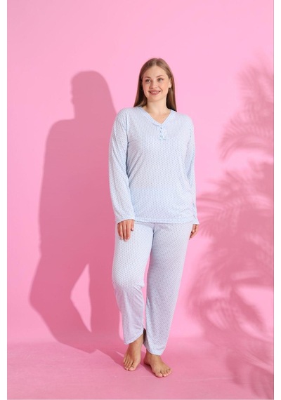 Eyfuze Kadın Büyük Beden Desenli Yakası Düğmeli Uzun Kollu Bambu Pijama Takımı Buz Mavisi Eyfuze Kadın Büyük Beden Desenli Yakası Düğmeli Uzun Kollu Bambu Pijama Takımı Buz Mavisi