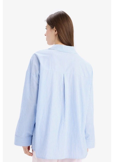 DeFacto Çizgili Pijama Yaka Poplin Pijama Üstü-Fall in Love E3113AX25SPBE747