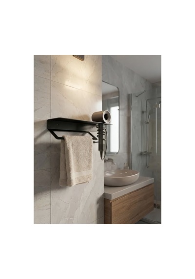 Premium Seri , Modern Paslanmaz Metal Banyo Havluluğu Ve Saç Kurutma Makine Askısı Banyo Organizeri Siyah