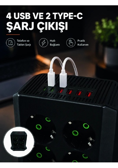 Hubrendy Tekno 8'li Dikey Çoklu Priz 4 Usb 2 Type-c Akım Korumalı Anahtarlı Priz 0