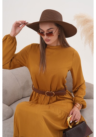 Polologin Butik Kemer Detaylı Kat Kat Hardal Uzun Elbise Sarı
