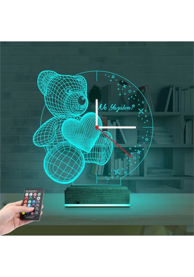 Luvivia Kalp Ayıcık Kişiye Özel Saatli 3d Lamba - Masa Gece Lambası