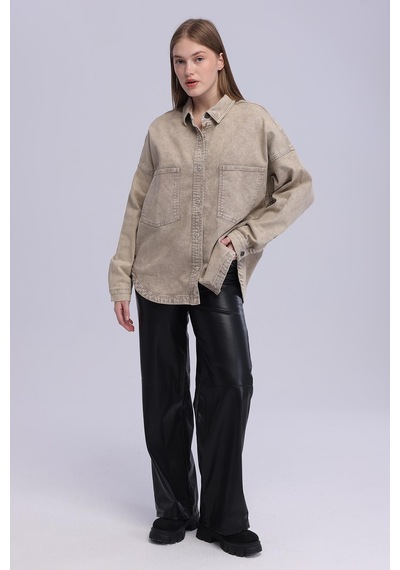 Selectmoda Kadın Çift Cepli Çıtçıt Kapamalı Oversize Kot Gömlek bej