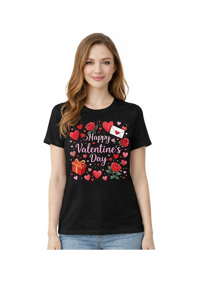 Herkesemoda Happy Valentines Day Baskı Detaylı Basic T-shirt Siyah