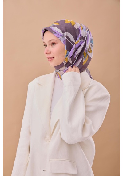 Silk Home Olinda İpek Eşarp 47003-11 Füme, Yanık Sarı, Lila, Çelik Mavi