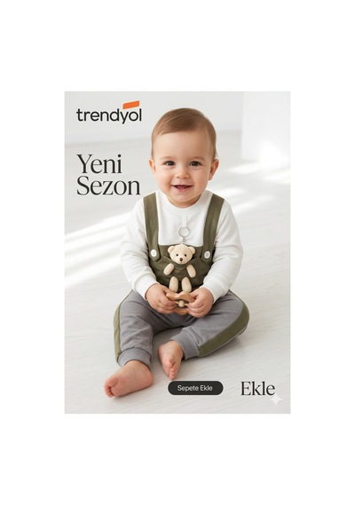 Gülerçocuk Ayıcık Detaylı Askılı Bebek Takımı Haki Beyaz Uzun Kollu Alt Üst 2 Li Bebek Kombin 6-18 Ay Haki