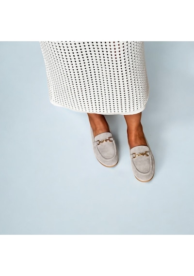 Ne&ve Shoes Gri Süet Hakiki Deri Zincirli Kadın Loafer Ayakkabı
