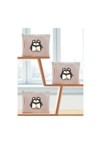 Sarılan Penguenler Baskılı 3'lü Makyaj Çantası 20x25 Cm - Büyük Makyaj Çantası