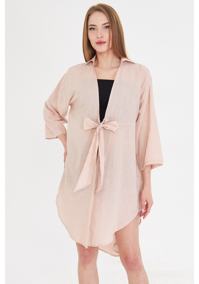 Armonika Kadın Pudra Önden Bağlamalı İnce Keten Kumaş Midi Boy Kimono Gömlek Arm-24y001081 Armonika Kadın Pudra Önden Bağlamalı İnce Keten Kumaş Midi Boy Kimono Gömlek Arm-24y001081