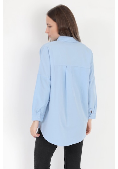 Giysa Kadın Buz Mavi Uzun Kollu Basic Pamuklu Oversize Gömlek - 3900 Mavi