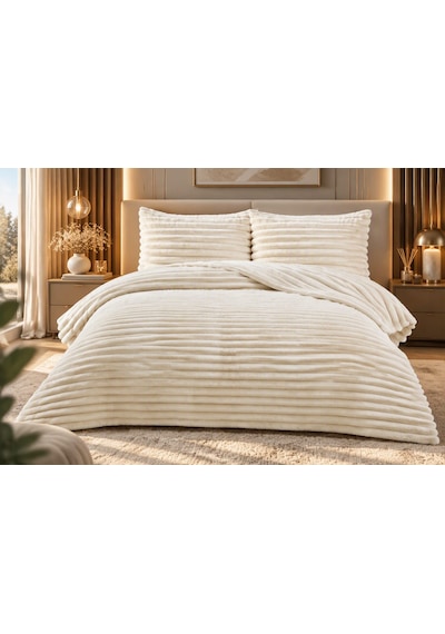 Eternity Lux Wellsoft Peluş Yatak Örtüsü Takımı Çizgili Kabartmalı Ultra Yumuşak 230x250 Krem