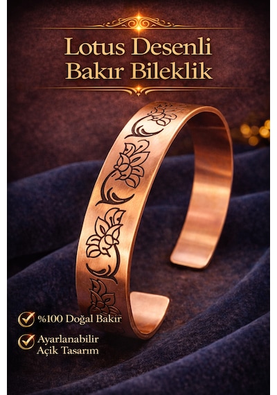 Kadın Bakır Bileklik Lotus Çiçeği Desenli El İşçiliği Saf Bakır Bilezik Diğer