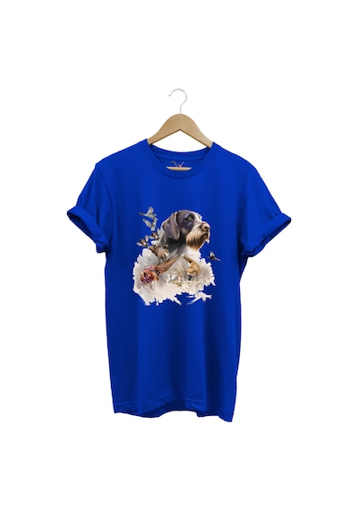 Desenli Köpek Ve Kuş Baskılı %100 Pamuk Premium Regular Fit Mavi T-shirt Saks Mavi