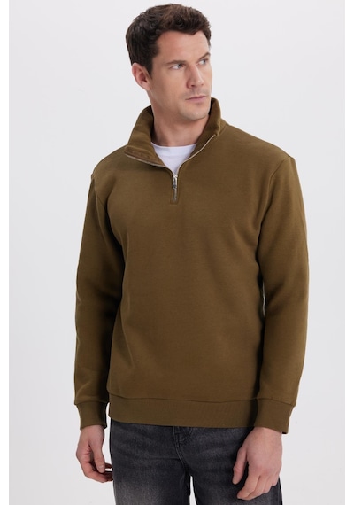 Tudors Unisex Relax Fit Rahat Kesim Pamuklu İçi Polarlı Yarım Fermuarlı Yeşil Dik Yaka Sweatshirt-35164 Yeşil