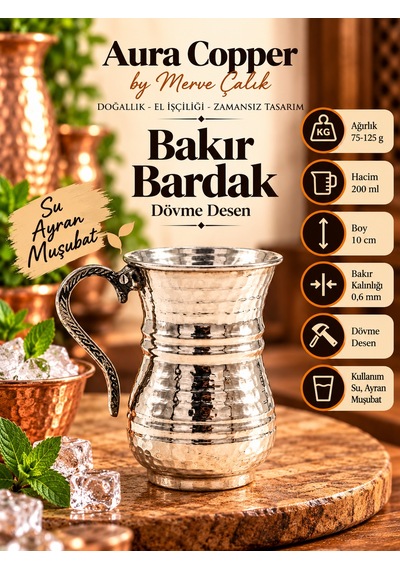 Bakır Ayran Tası Ve Bardak 200 Ml Dövme Kulplu Gümüş