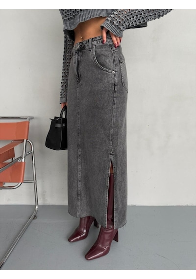 Zeo Basic Yanlardan Yırtmaçlı Füme Jean Maxi Etek Siyah/Füme